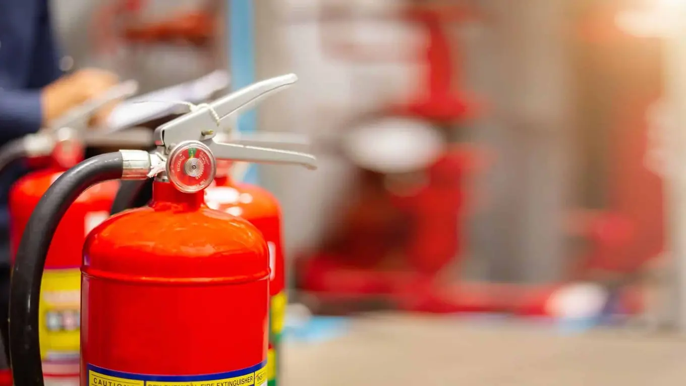 Red fire extinguishers lined up for inspection