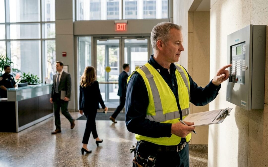 Fire inspector checks lobby fire alarm panel