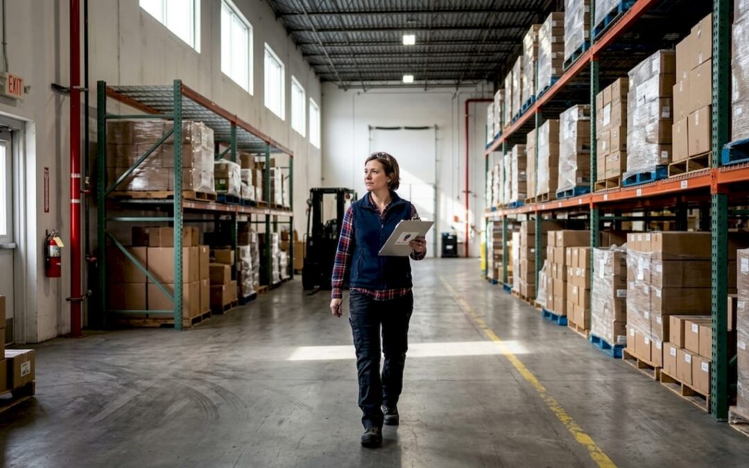 Warehouse manager checks fire safety aisle