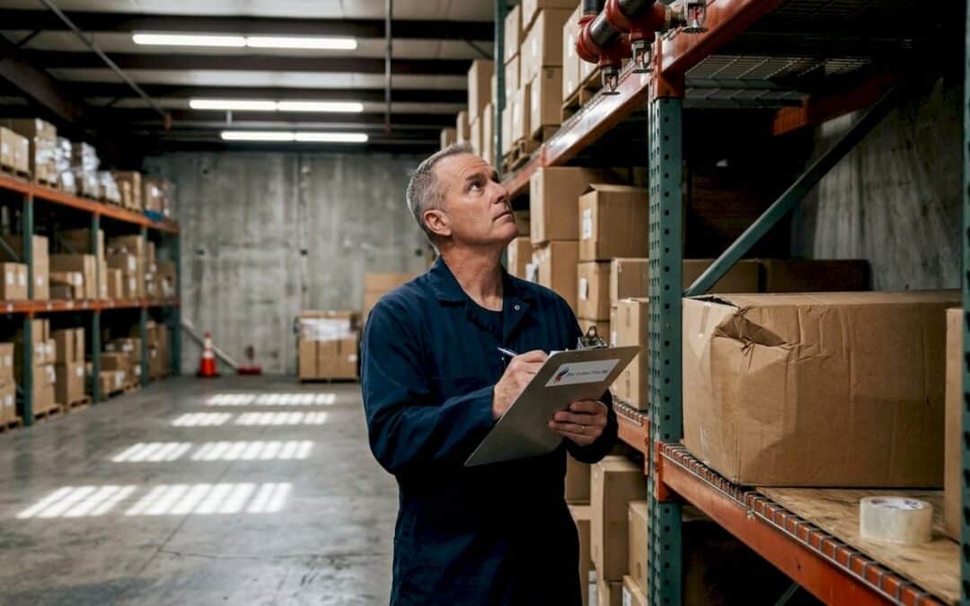 Fire inspector checking sprinklers in warehouse