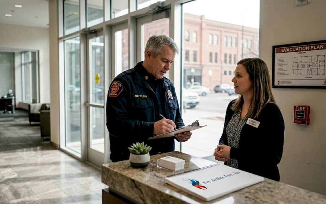 Fire inspector checks Denver office building lobby