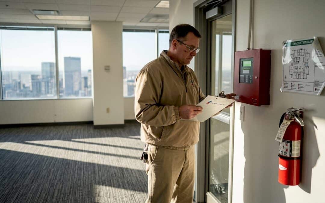 Manager checking fire alarm and map