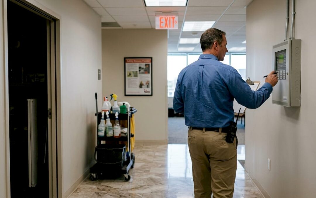 Fire marshal checking building alarm panel