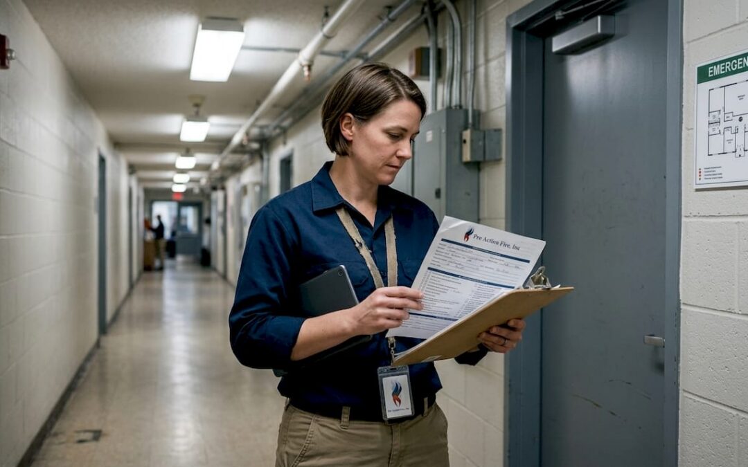 Facility manager during fire inspection in hallway