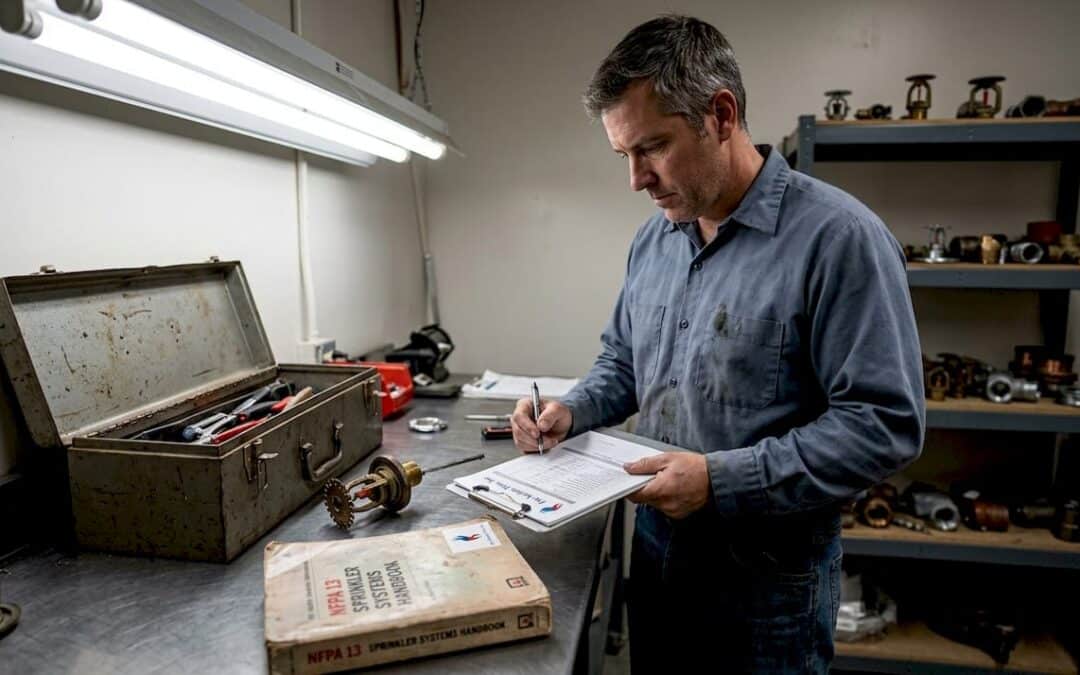 Technician reviewing sprinkler inspection checklist