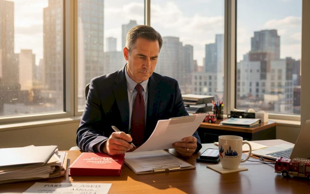 Fire safety consultant reviewing compliance checklist