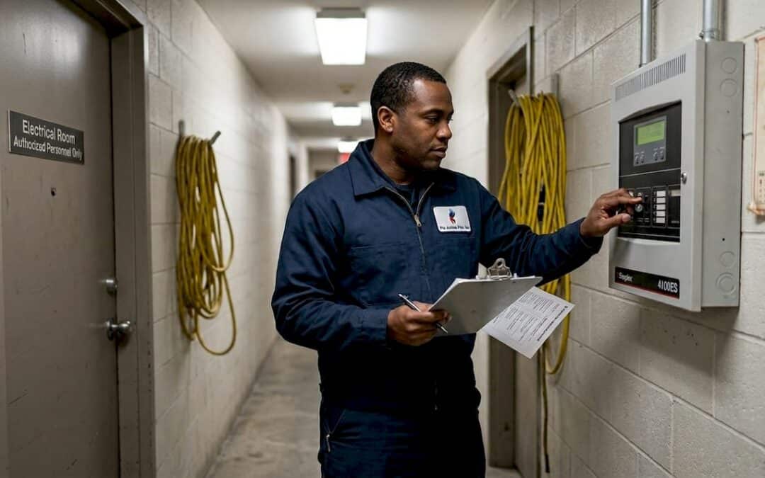 Technician inspecting fire alarm control panel