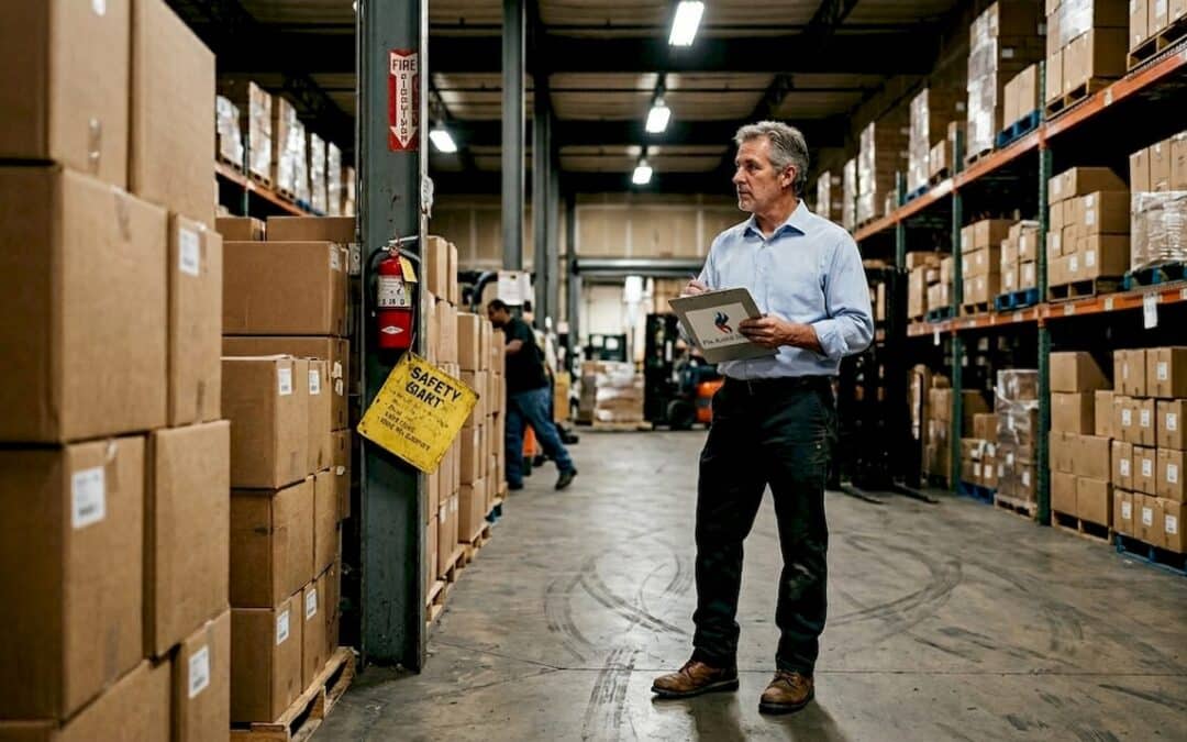Warehouse manager inspecting fire hazards Denver