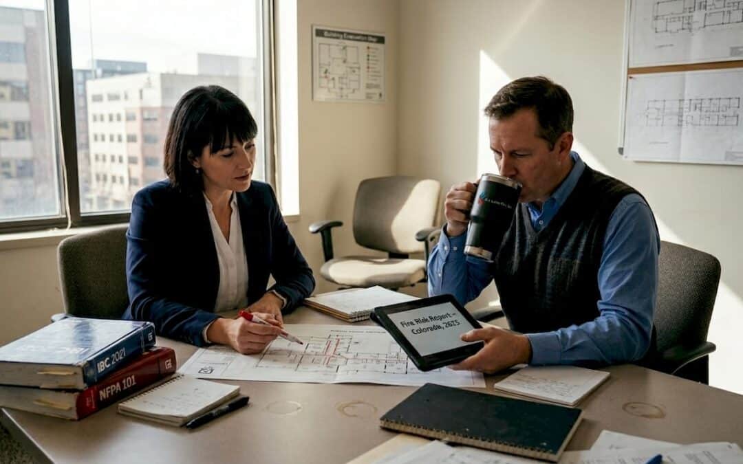 Property managers discussing fire protection site plan