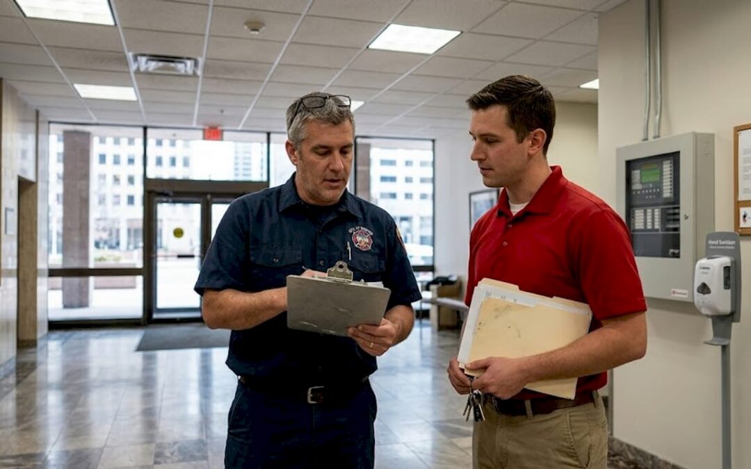 Fire inspector reviews plans in Colorado building lobby