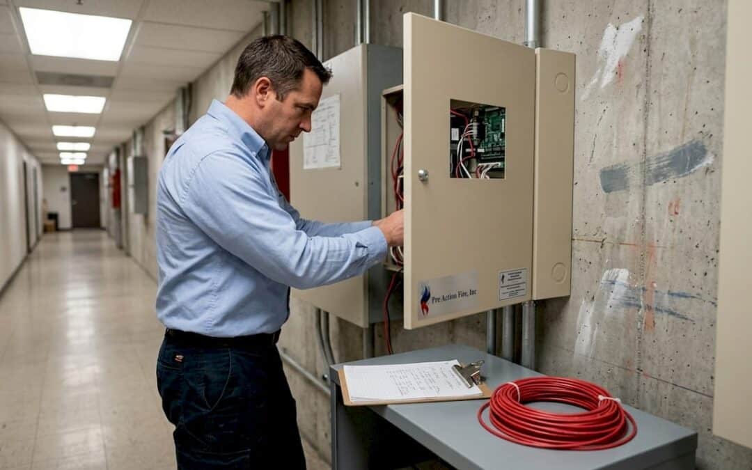 Engineer checking Denver fire alarm panel