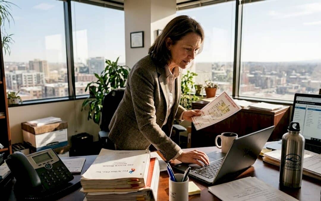 Manager reviewing fire evacuation plan in office