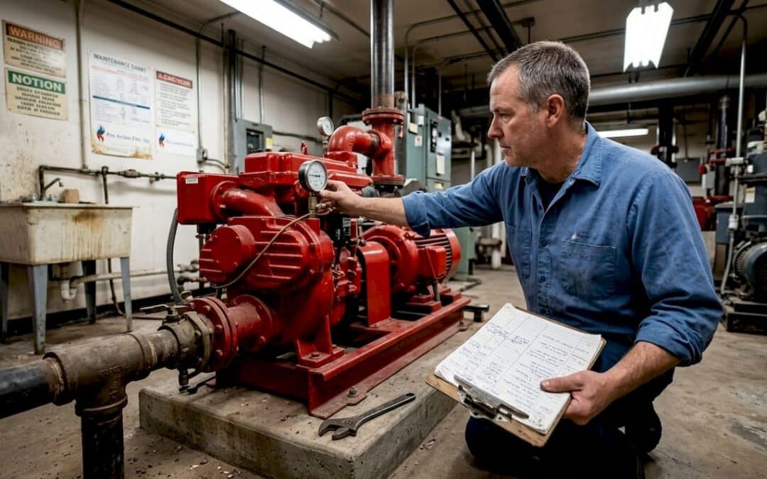 Engineer inspecting fire pump in equipment room