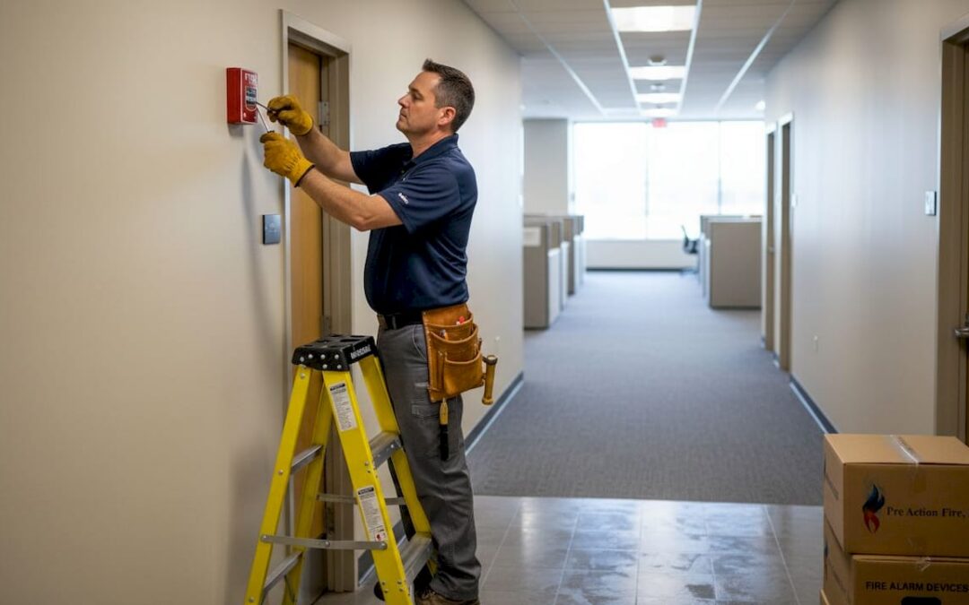 Technician installing fire alarm strobe in office