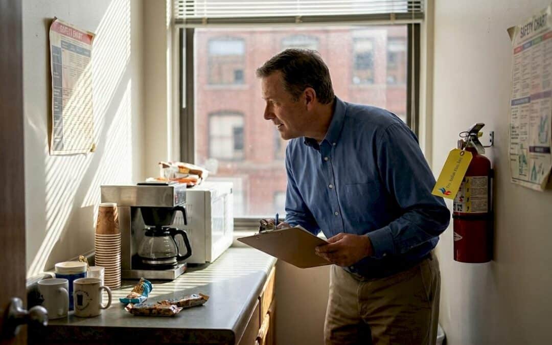 Business owner checking fire extinguisher tag