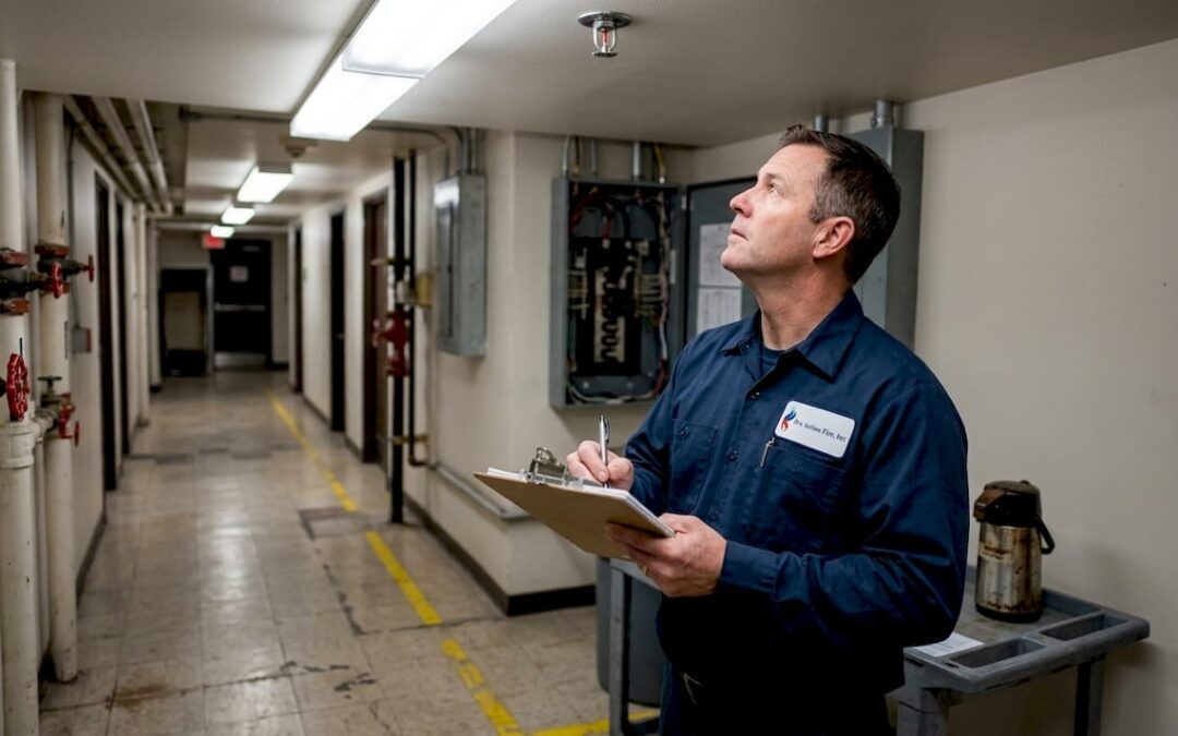 Engineer inspecting ceiling sprinklers in hallway