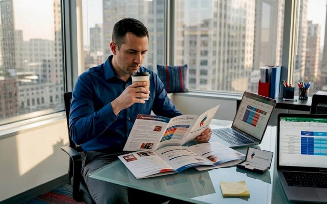 Facilities manager reviewing fire protection vendor brochures