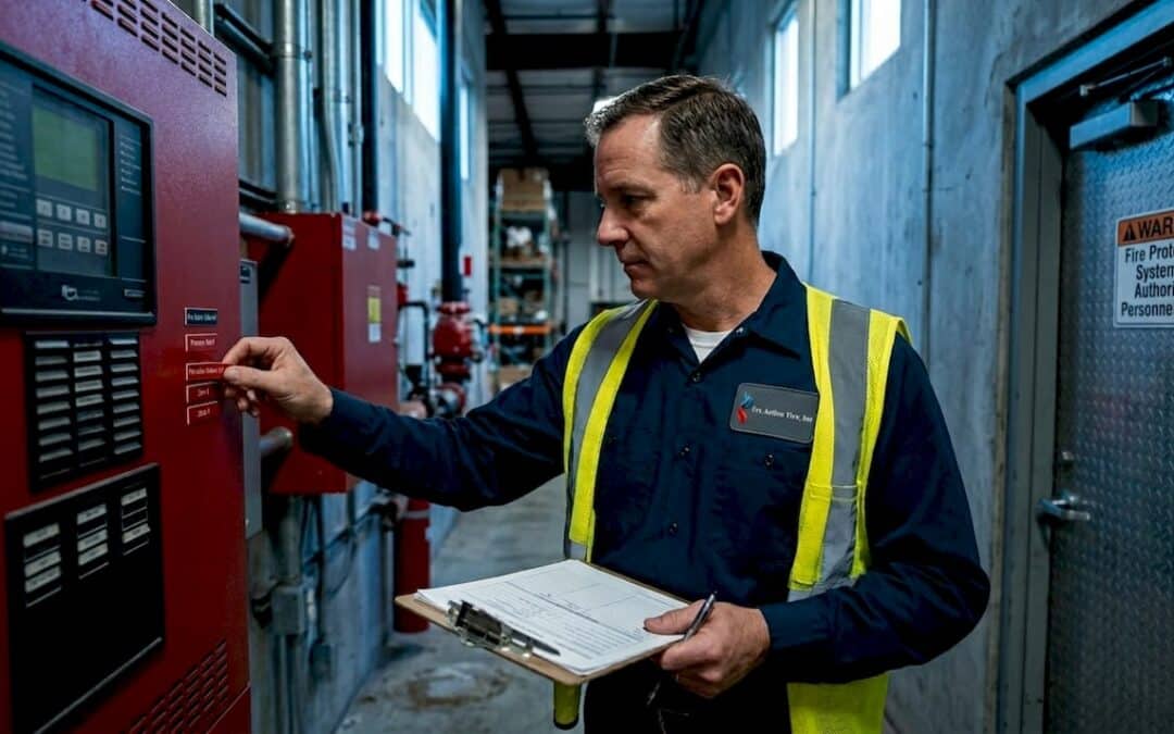 Engineer checking warehouse fire systems clipboard