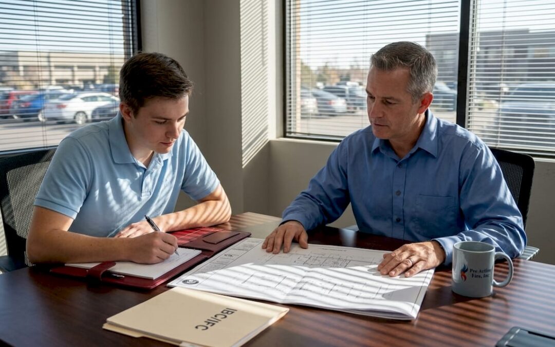 Fire protection team reviewing blueprints in office