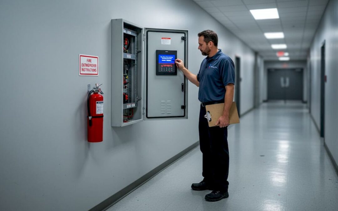 Facilities manager checking suppression device panel