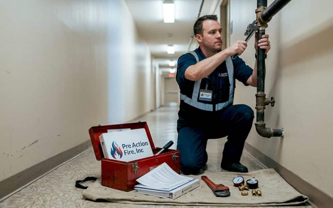 Technician installs sprinkler system in apartment hallway