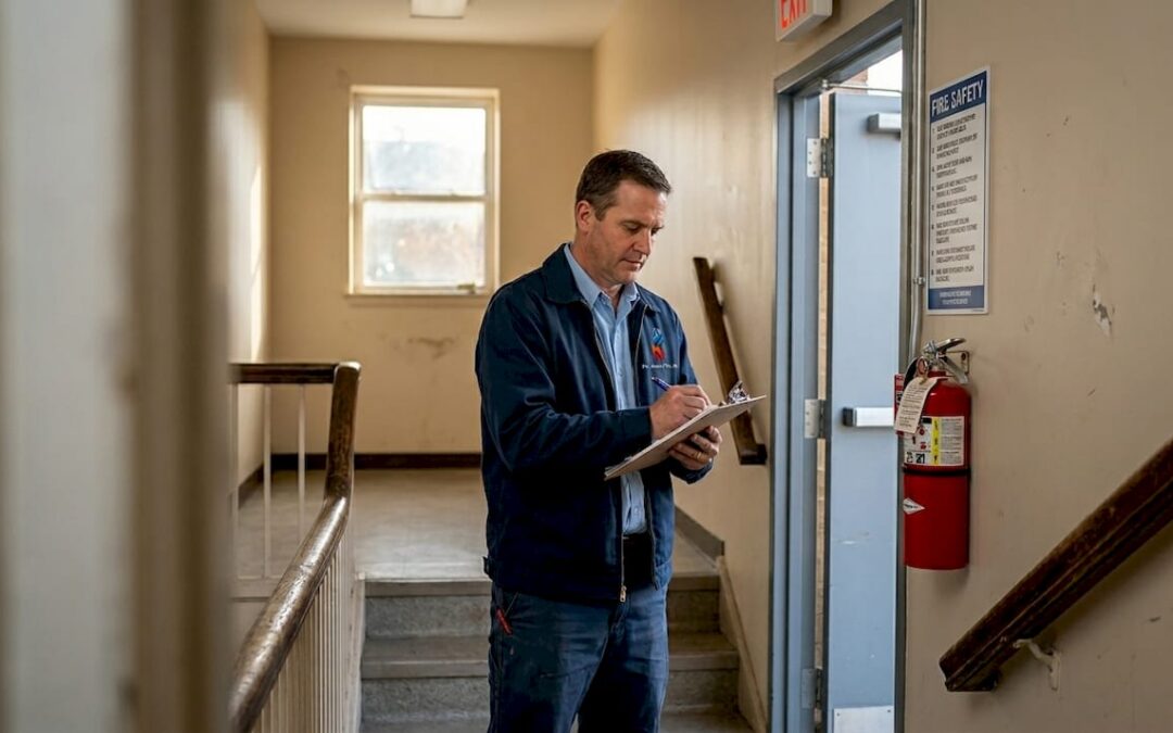 Engineer inspecting fire-rated wall in stairwell