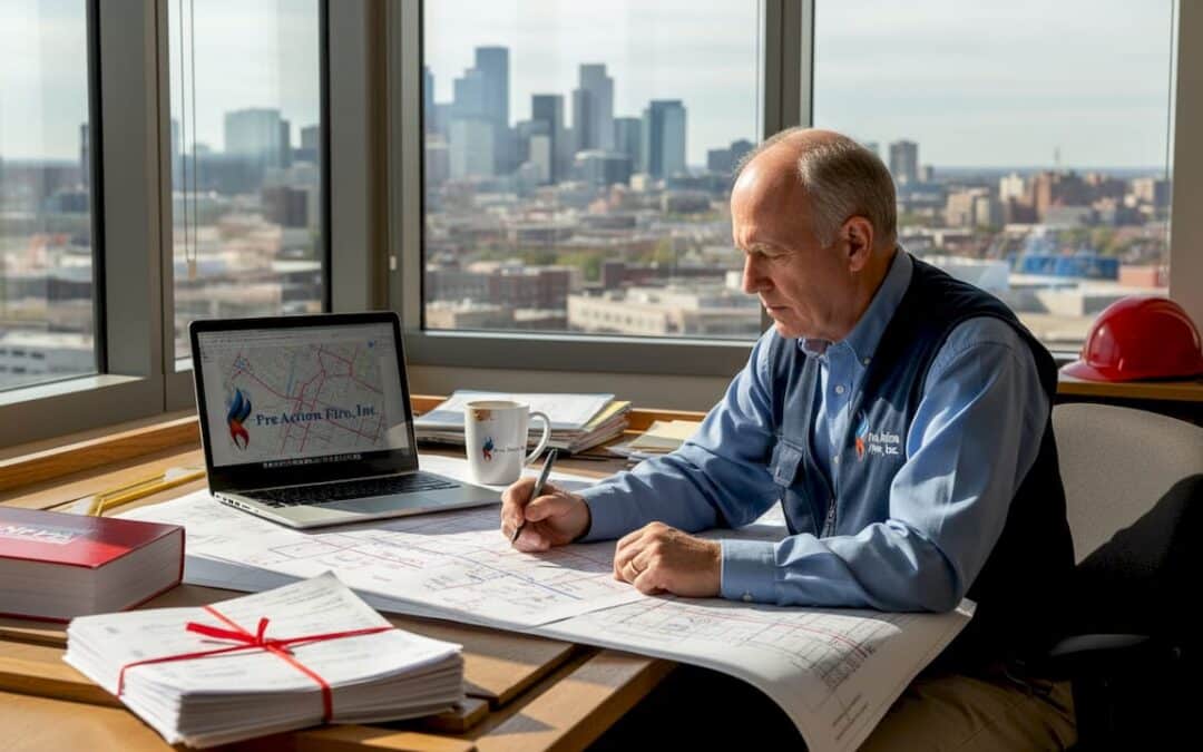 Fire system engineer reviewing blueprints Denver