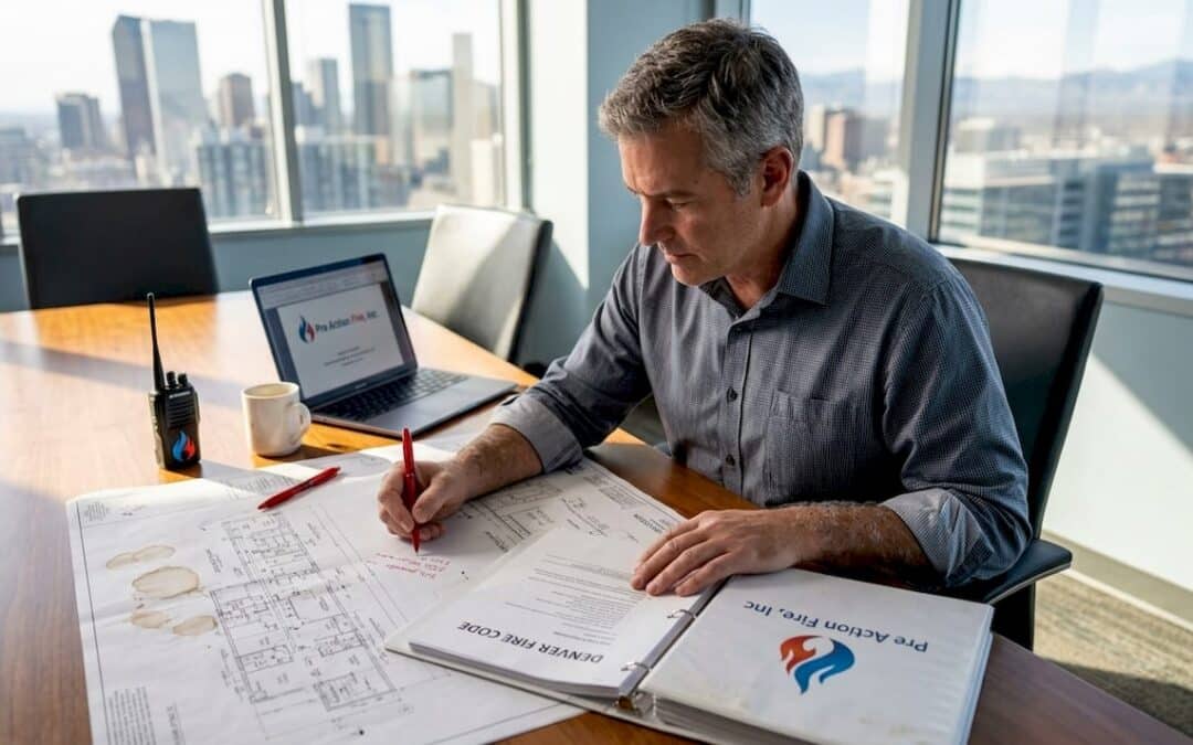 Engineer reviews fire system blueprints in Denver office