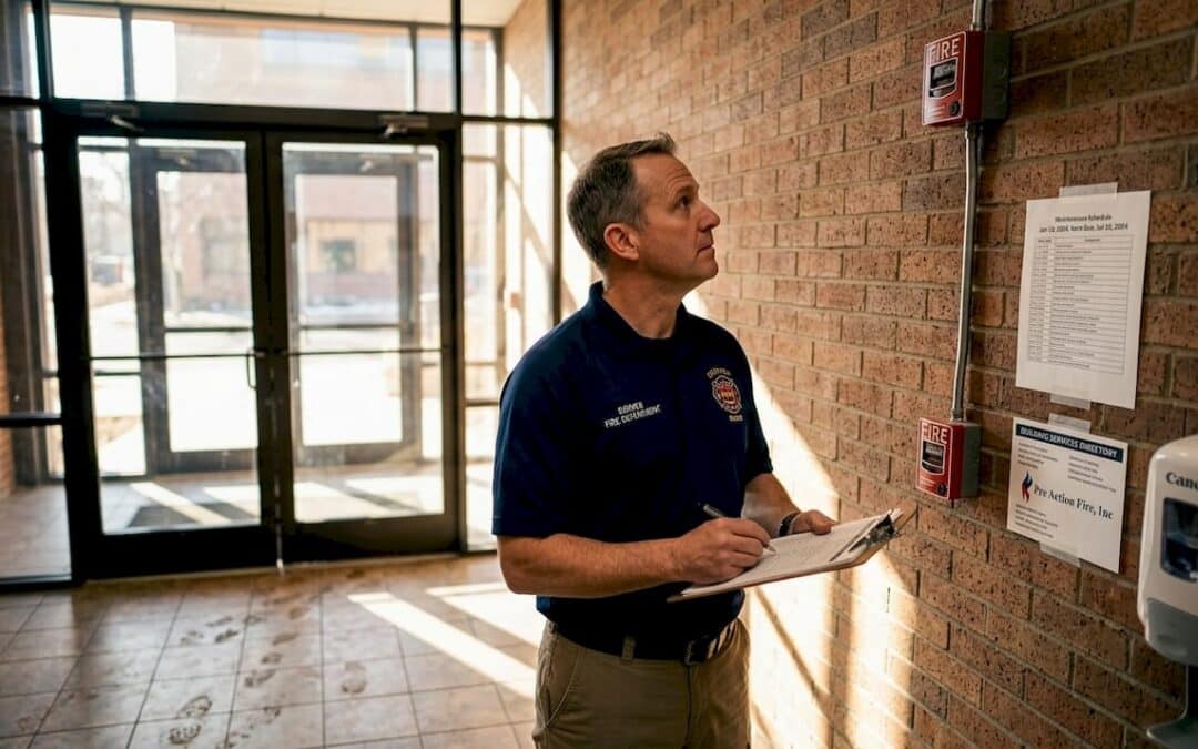 Inspector checking fire safety in office lobby