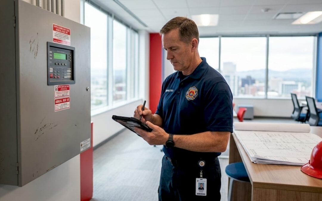 Fire inspector reviewing alarm panel in office