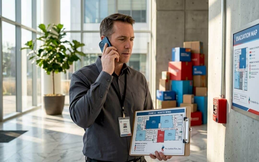 Facility manager reviews fire zone map in lobby