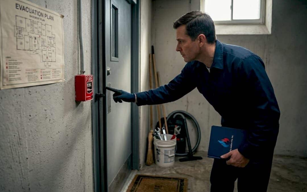Supervisor inspects fireproof door in hallway