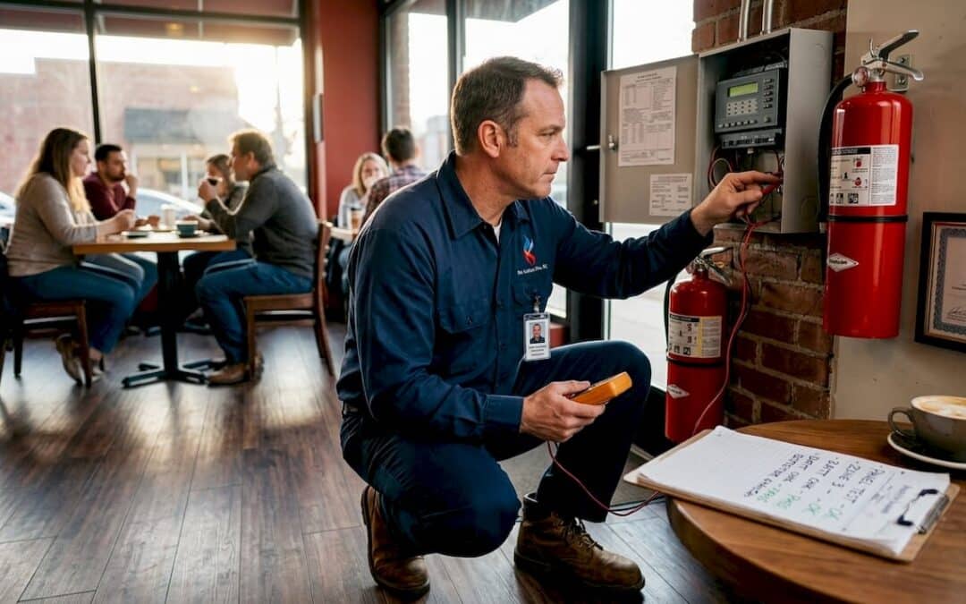 Fire technician inspecting alarm panel in lobby