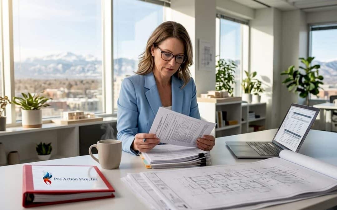 Manager reviewing fire safety paperwork in office
