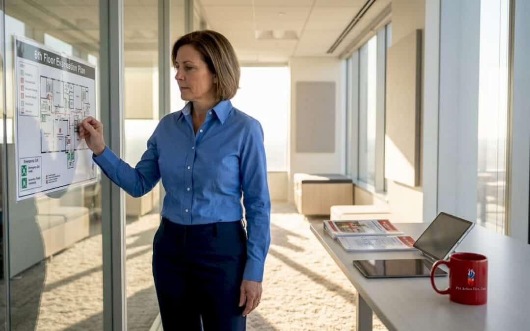 Manager reviewing fire evacuation map in office