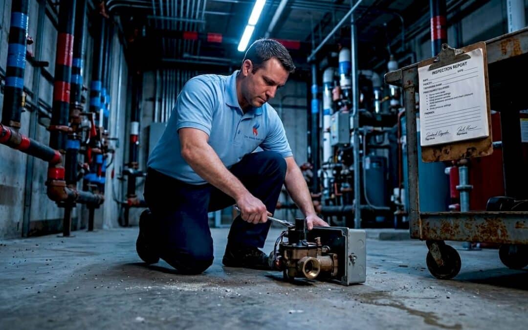 Technician installing commercial sprinkler system
