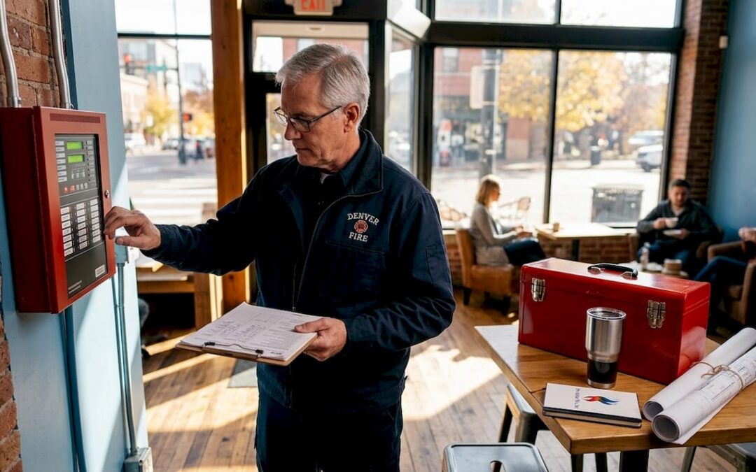 Denver fire inspector reviewing fire system plans