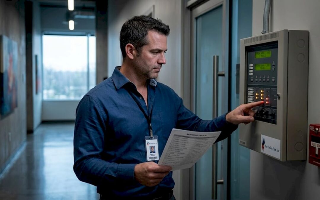 Facilities manager checking fire alarm panel