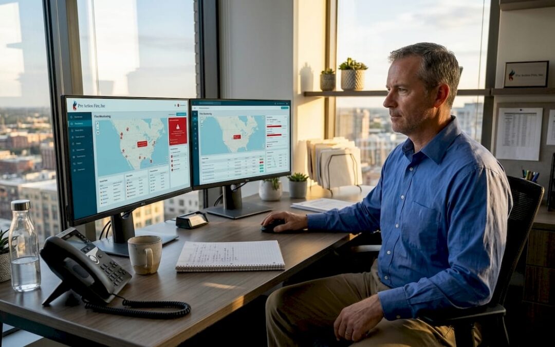 Facility manager monitors fire systems on screens