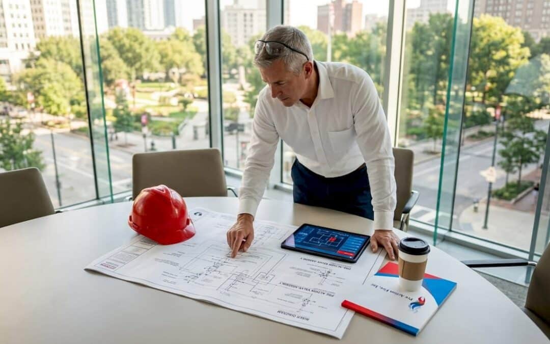 Facilities manager reviews blueprints for fire system