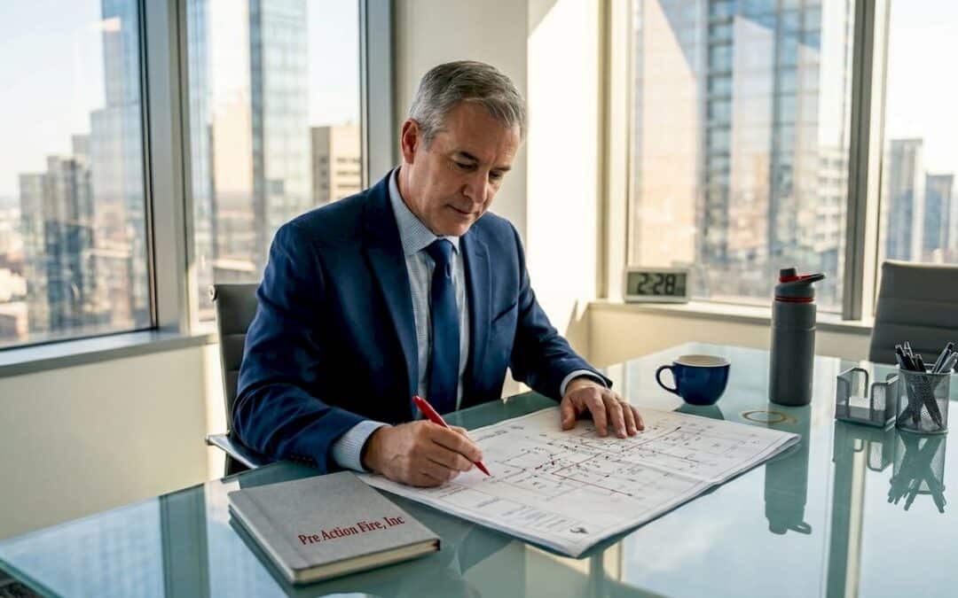Fire safety consultant reviewing blueprints in office