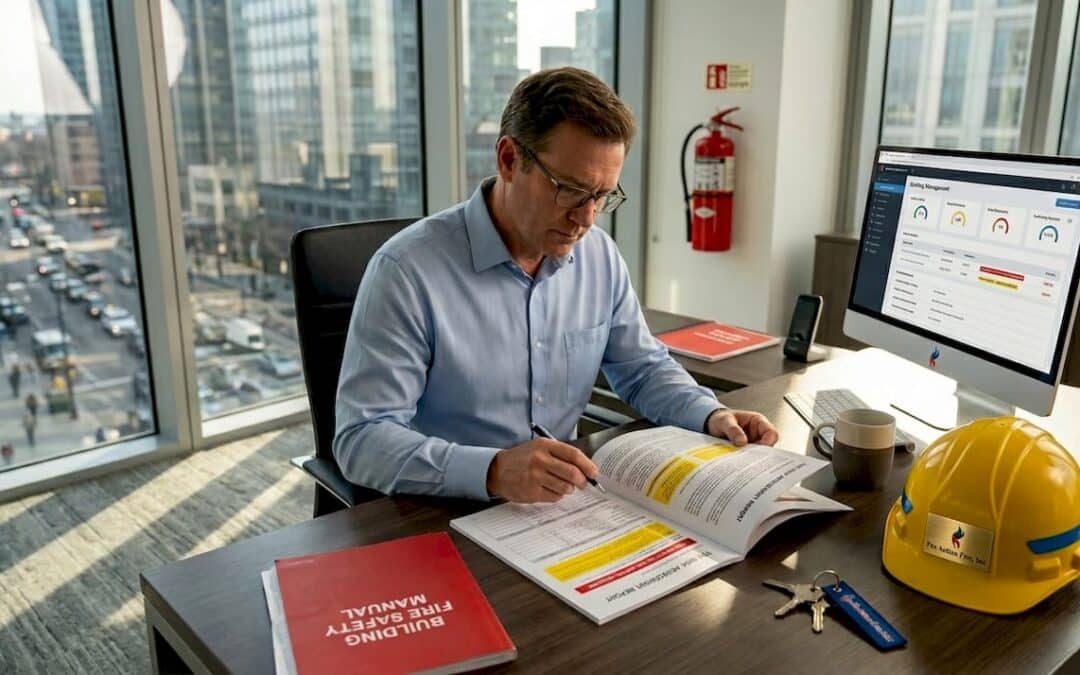 Property manager reviewing fire risk assessment report