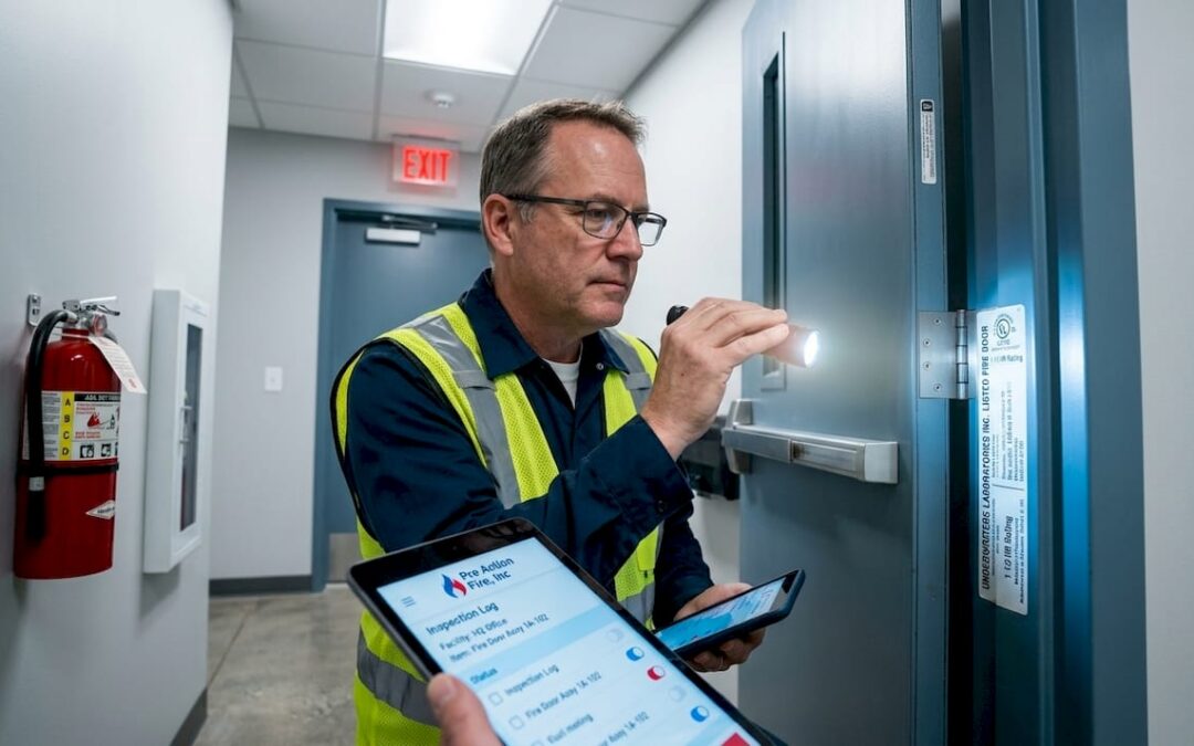 Facility manager inspecting fire door label