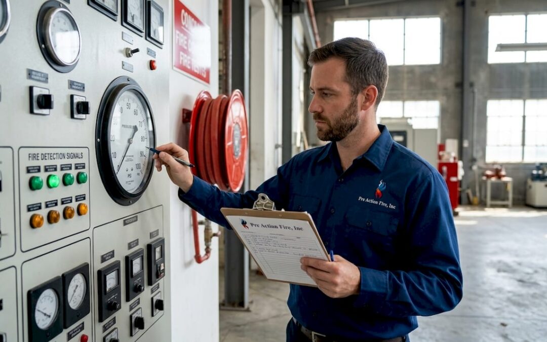 Engineer monitoring industrial fire safety system