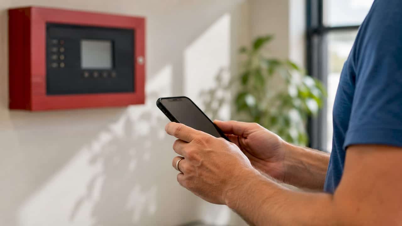 Hands holding phone near fire alarm panel