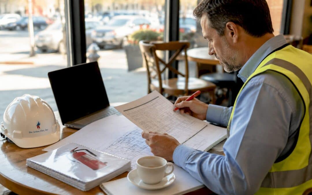 Professional reviewing fire protection service documents
