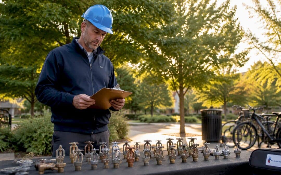 Engineer inspecting different sprinkler heads in warehouse setting