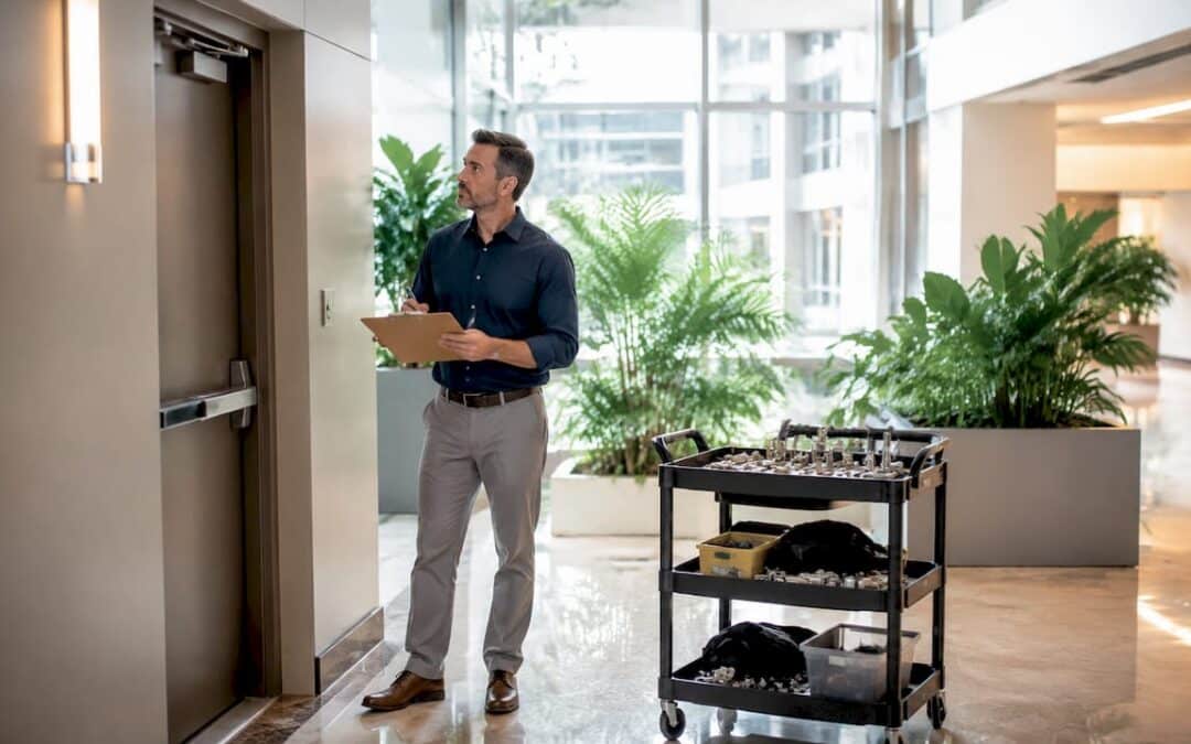 Property manager inspecting fire exit door