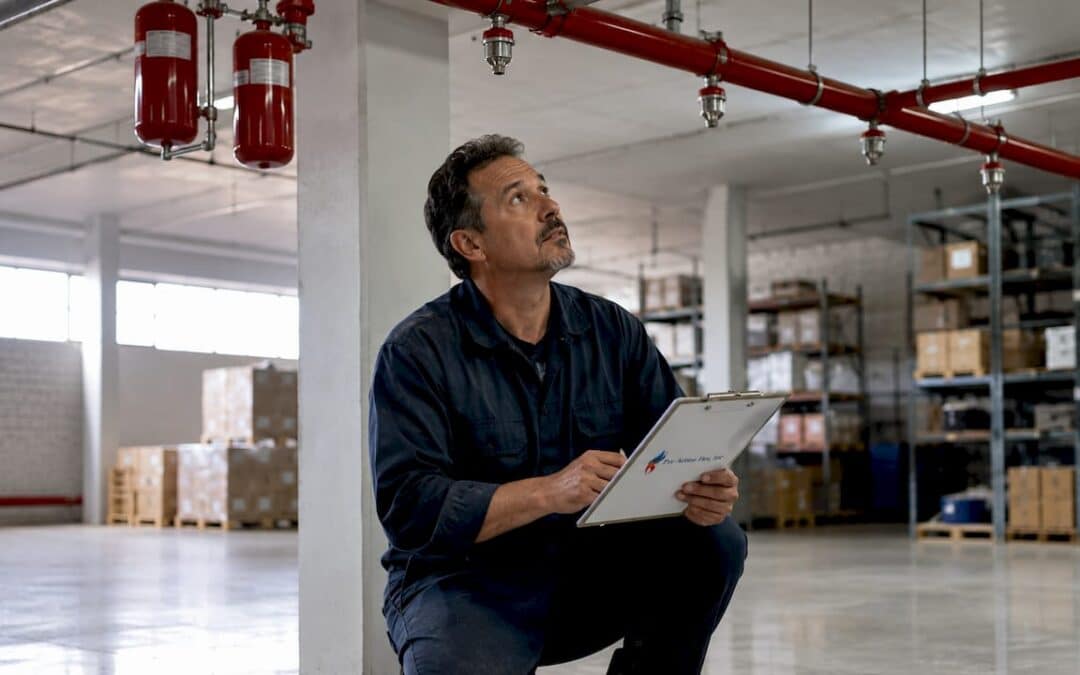 Technician inspecting fire sprinkler system inside warehouse