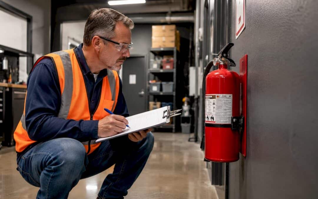 Facility manager inspecting fire extinguisher
